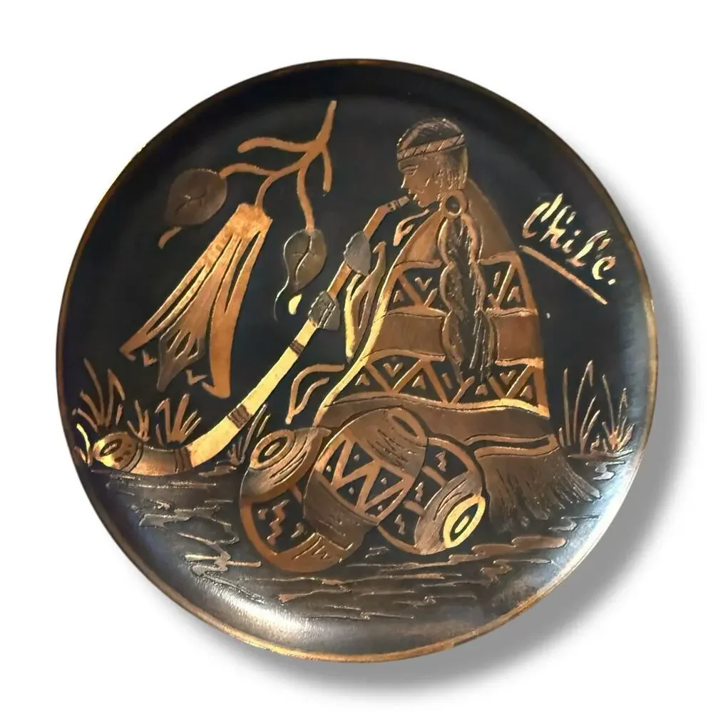 Vintage Chilean Cooper Plate Etched Scene Woman with Horn 5.75” x 5.75”